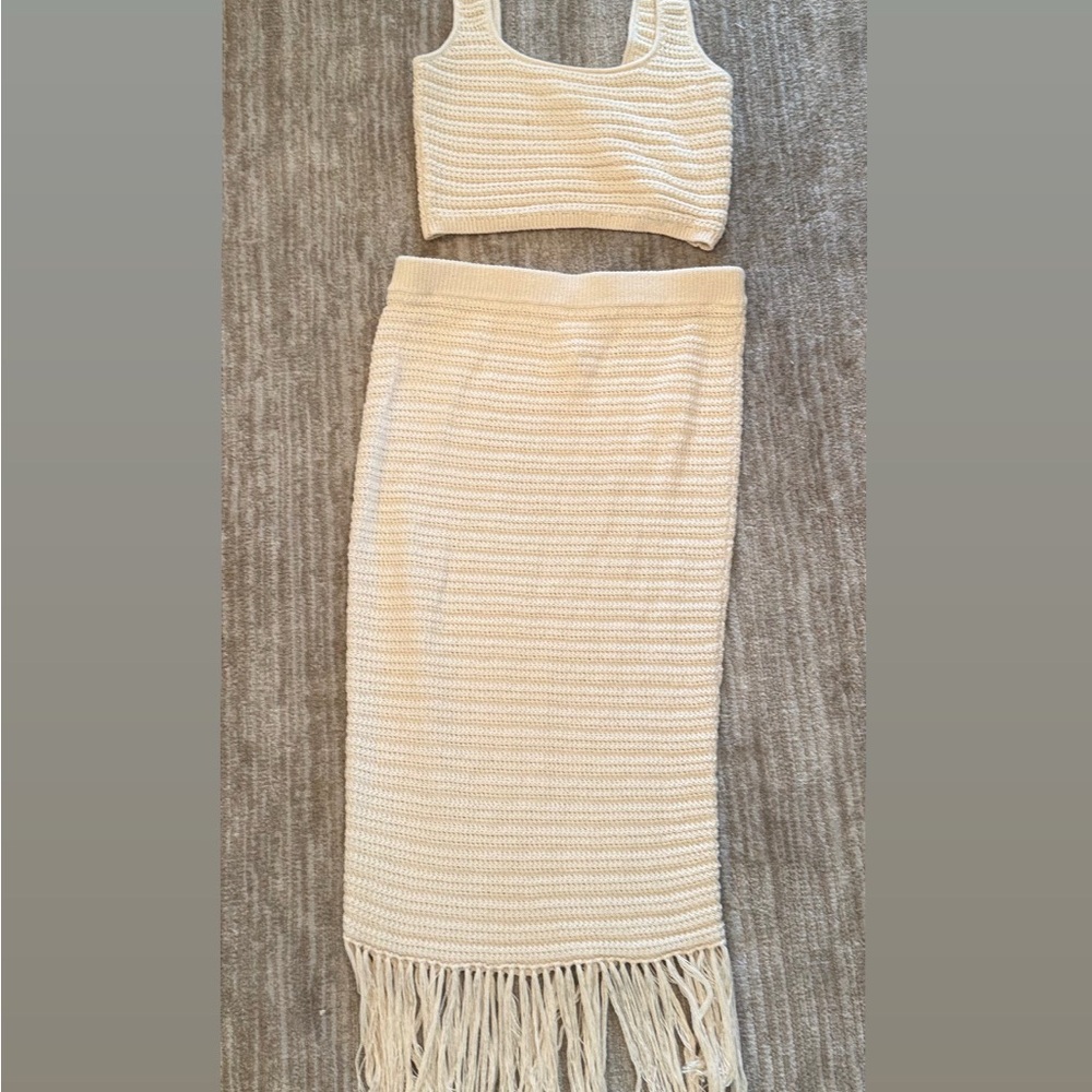 Elegant Cream Knit Top and Skirt Set with Fringe. Work once.